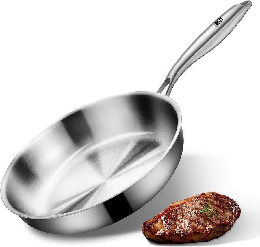 Roestvrijstalen Braadpan Koekenpan Inductiepan Bakken en Smoren 3-Laags Constructie 28 cm Zilverkleurig