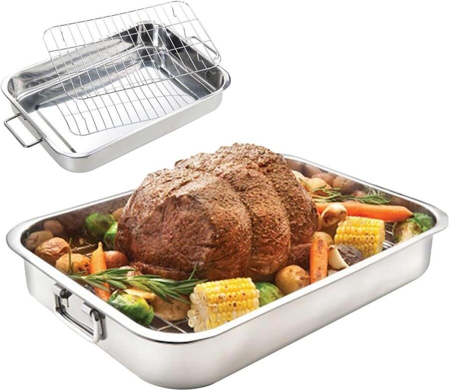 Roestvrijstalen Braadpan Ovenpan Bakplaat Gevogelte Roosteren Versterkte Handgrepen 40 x 30 cm Zilver