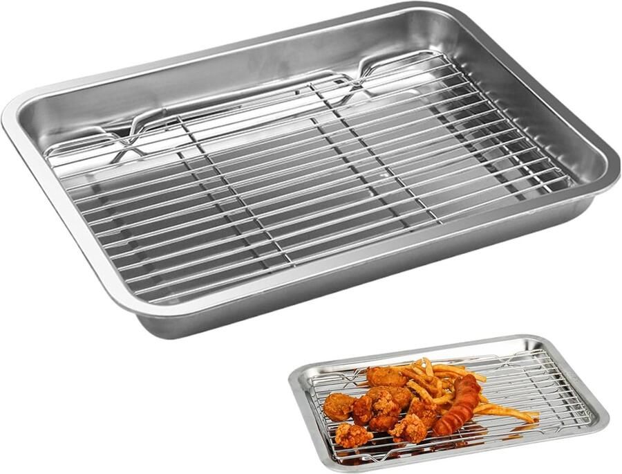 Roestvrijstalen Braadpan Ovenschaal Bakplaat Braden Bakken Grillen Met Koelrek Anti-aanbak 36x27x4.8 cm Zilver