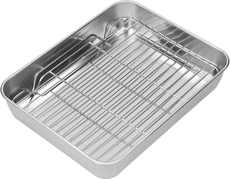 Roestvrijstalen Braadpan Ovenschaal met rek Koken en bakken Gezond en non-stick 26.5 x 20.5 cm Zilver