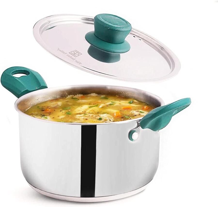 Roestvrijstalen braadpan Voorraadpot Gezond Koken 3-laags bodem 1.5 Liter Zilver en Groen