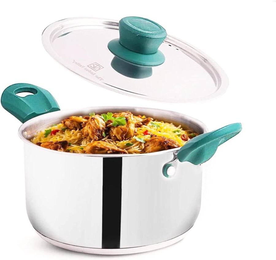 Roestvrijstalen braadpan Voorraadpot kookpan Gezond koken Toxinevrije 3-laags bodem 2 liter Zilver en groen