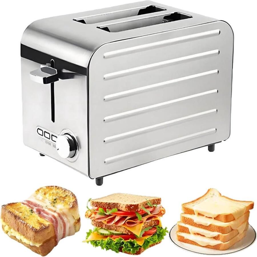 Roestvrijstalen Broodrooster Commerciële Toaster Snel Ontbijten 7 Bruiningsniveaus 2 tot 6 Sneetjes Zilverkleurig