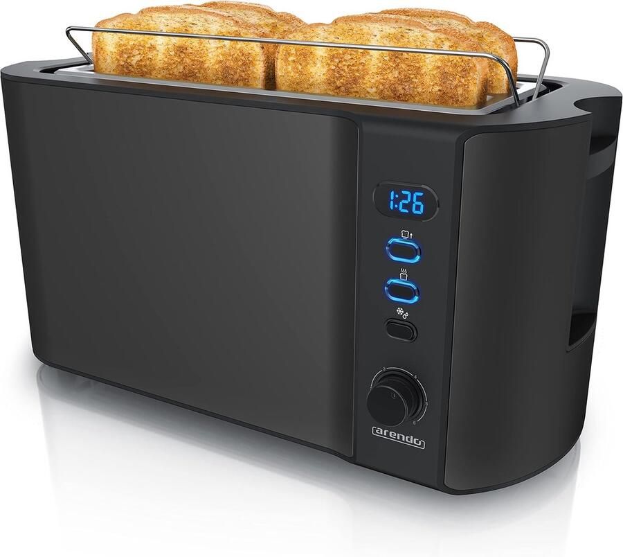 Roestvrijstalen broodrooster met lange sleuf voor 4 sneden Ontdooifunctie warmte-isolerende behuizing en display met resterende tijdweergave