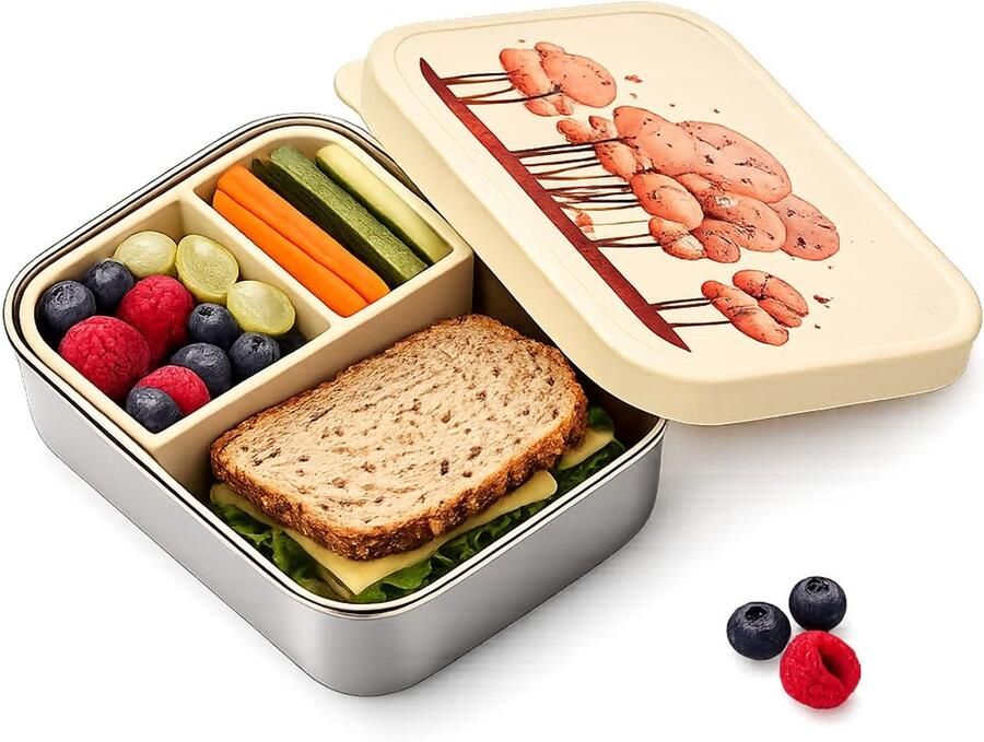 Roestvrijstalen broodtrommel voor kinderen – compacte broodtrommel lichte snackbox met siliconen deksel & scheidingsvak. Ideaal voor kleuterschool & onderweg. Lekvrij & BPA-vrij. (Bomen
