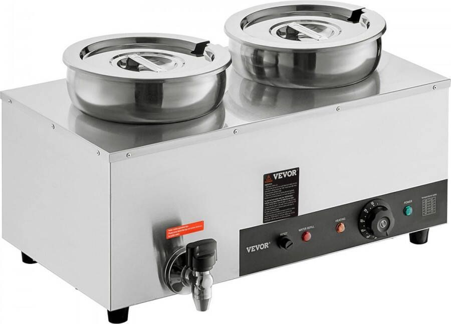 Roestvrijstalen buffetverwarmer voedselverwarmer 1200W 2 x 8 1L buffetcontainer 180 x 240 x 220 mm elke soeppan inclusief deksel en afvoerkraan