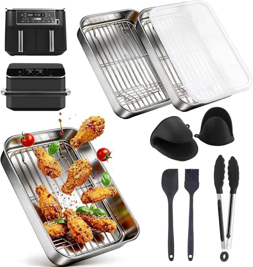 Roestvrijstalen Casserole Airfryer Set met 7 Accessoires Inclusief Grillrooster en Silikonenspaan Geschikt voor Modellen