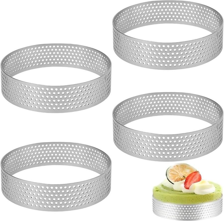 Set van 4 RVS Hoepel Oorbellen voor Bakken van Koekjes Donuts en Taarten 8 cm Perforaties voor Vulling en Mini Pizza Mallen