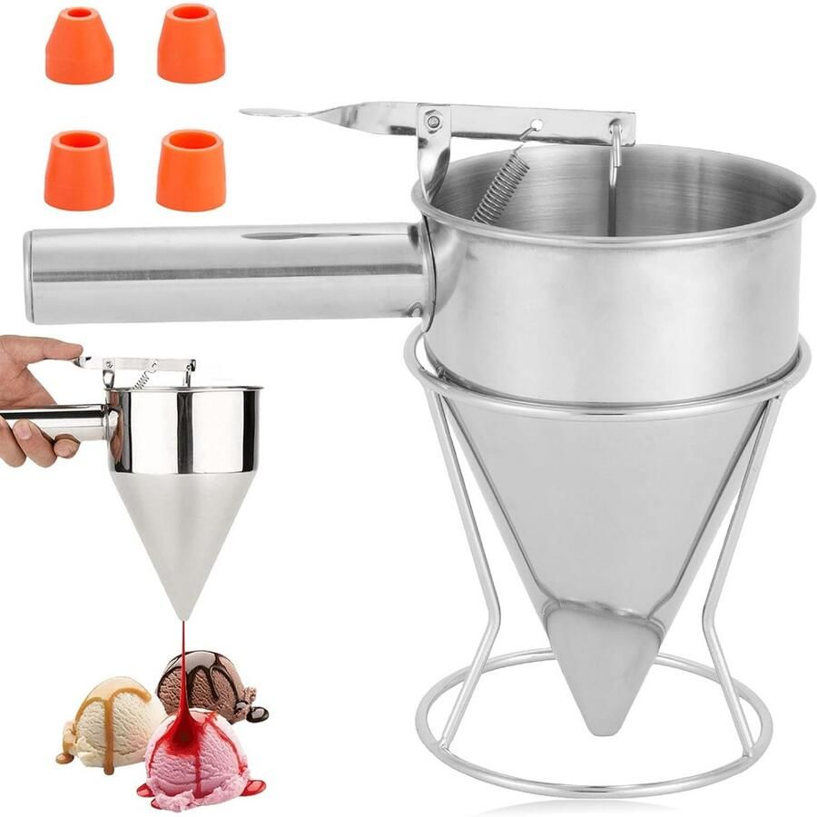 Roestvrijstalen Deegdispenser 1 2L met Standaard en 4 Trechters voor Pannenkoeken en Bakken