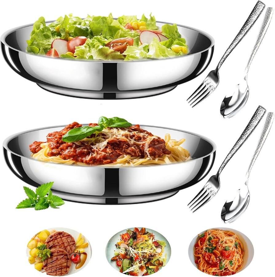 Roestvrijstalen Dinerbord Metaal Bord Buiten Eten Dubbelwandig Geïsoleerd 22 cm Zilver