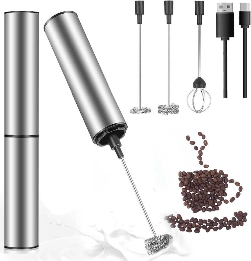 Roestvrijstalen elektrische melkopschuimer 3-in-1 mini-handmixer elektrisch USB-oplaadbaar snelschuim handheld melkopschuimer staaf voor cappuccino macchiato warm chocolade eisneeuw