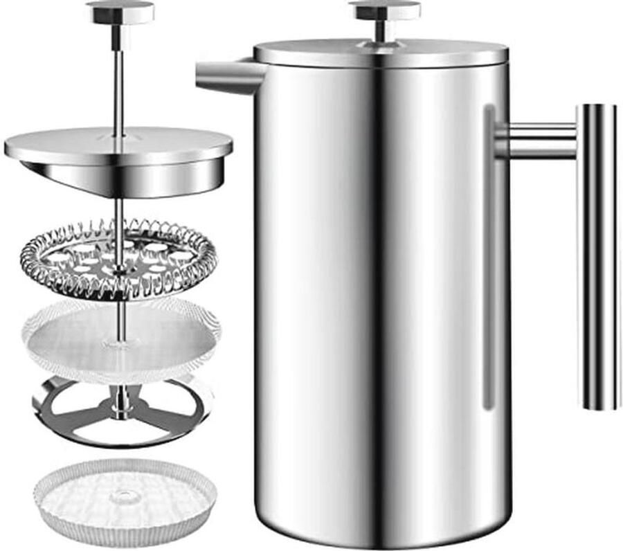 Roestvrijstalen Franse Pers Koffiezetapparaat 34oz (1.0 Liter) met Dubbelwandige Geïsoleerde Cafetière en 3 Niveau Filtersysteem