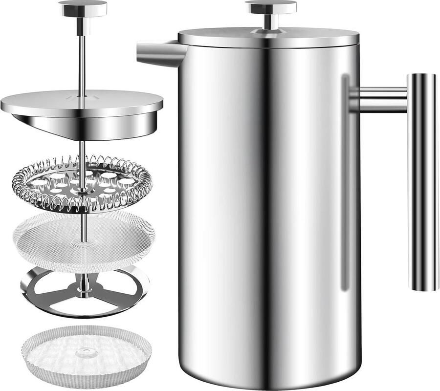 Roestvrijstalen Franse Pers Koffiezetapparaat 34oz (1.0 Liter) met Dubbelwandige Geïsoleerde Cafetière en 3 Niveau Filtersysteem