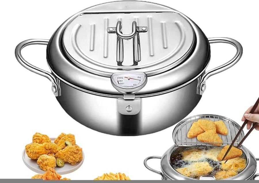 Roestvrijstalen friteuse Olie pan Knapperig koken Met thermometer 28 cm Zilverkleurig