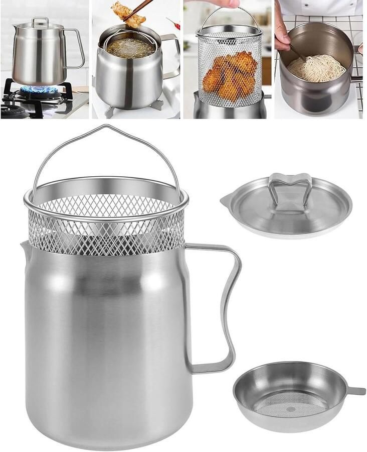 Roestvrijstalen friteuse Oliezeefpot mand Thuis koken 2-in-1 ontwerp Grote capaciteit Zilver