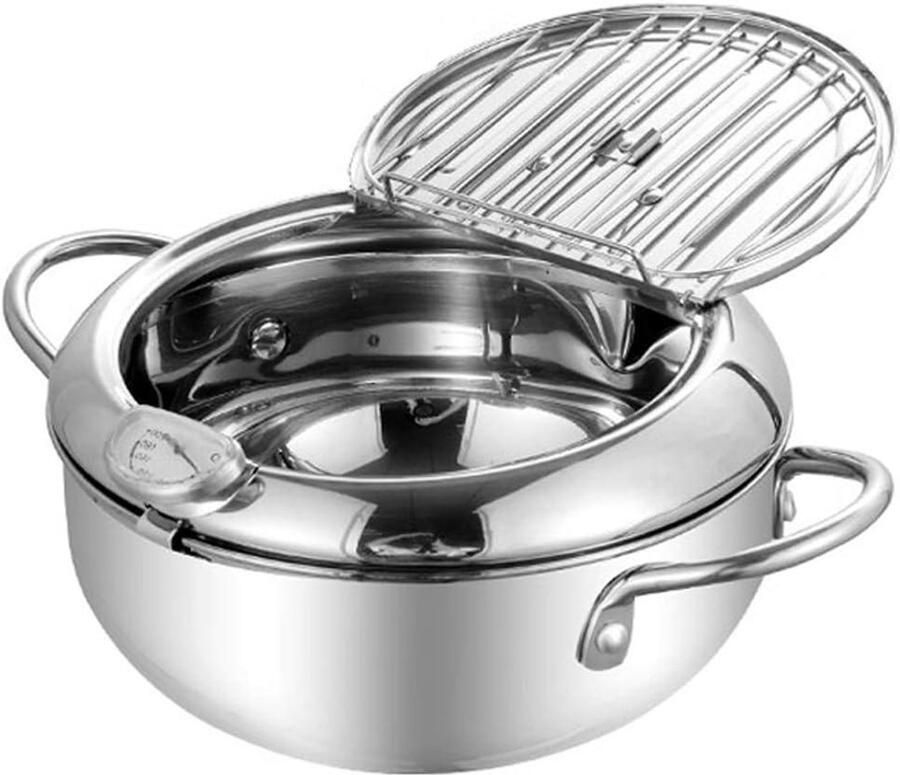 Roestvrijstalen Friteuse Pan Lekkere Snacks Maken Met Ingebouwde Thermometer 2.5 Liter Zilver