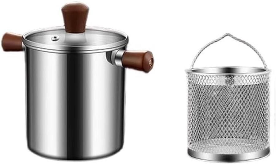 Roestvrijstalen friteuse pan met walnoothandvat en gaasmand 1.5L 2.0L voor frituren gas en inductie