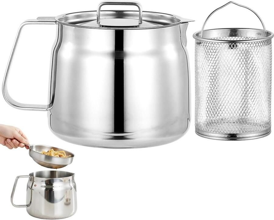 Roestvrijstalen friteuse Schenkpan met mand Frituren aan huis Geïntegreerde oliezeef 2 liter capaciteit Zilver