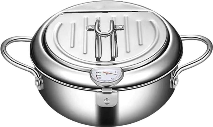 Roestvrijstalen Frituurpan Diepe Pan Soeppan Knapperig Eten Bereiden Met Ingebouwde Thermometer 20 cm Zilverkleurig