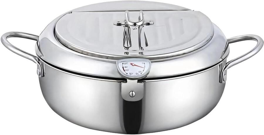 Roestvrijstalen Frituurpan Friteuse met Thermometer Thuis Frituren Met Afvoerrek 24.8 cm Diameter Zilver