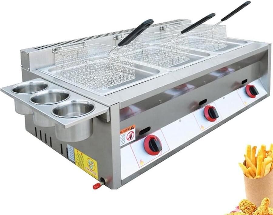 Roestvrijstalen Frituurpan Gasfriteuse Vetfriteuse Thuis Frituren Verdikt Roestvrij Staal 6L + 6L + 6L Zilverkleurig