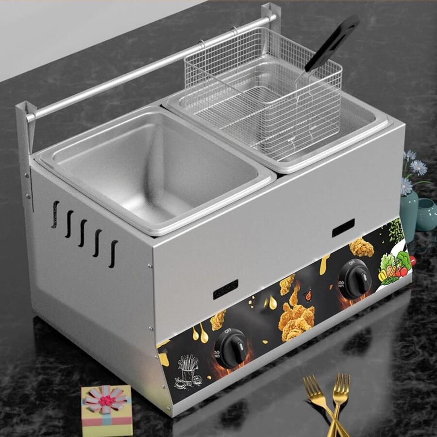 Roestvrijstalen Frituurpan Gasfriteuse Werkblad Frietjes Bakken Infraroodbrander Verwarming 10 Liter Zilver
