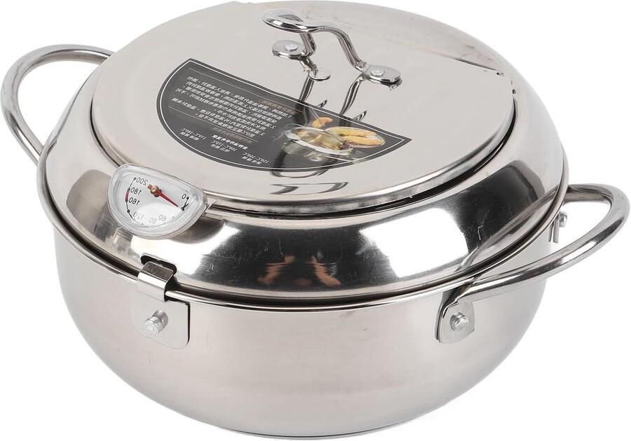 Roestvrijstalen Frituurpan Kleine Koekenpan Thuis Koken Met Thermometerdeksel 20 cm Diameter Zilver