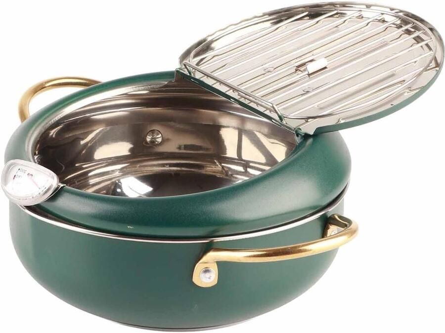 Roestvrijstalen Frituurpan Koekenpan met deksel Thuis Frituren Met ingebouwde thermometer 20.5 cm Diepgroen