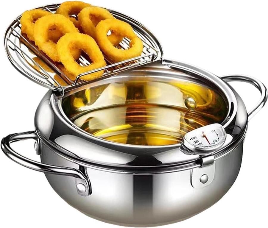 Roestvrijstalen Frituurpan Oliepot Diepe Pan Frituren van Snacks Ingebouwde Thermometers 28 cm Zilver