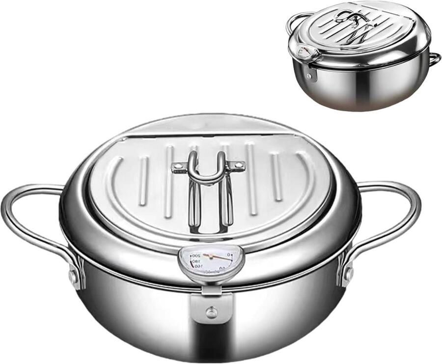 Roestvrijstalen Frituurpan Oliepot Friteuse Knapperig Eten Bereiden Ingebouwde Thermometer 20 cm Zilver