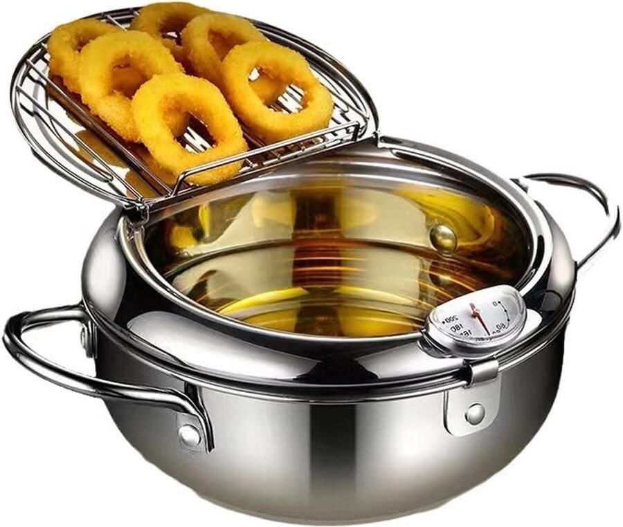 Roestvrijstalen Frituurpan Tempura Pan Friteuse Thuis Frituren Met Deksel Thermometer 27x27x13 cm Zilver