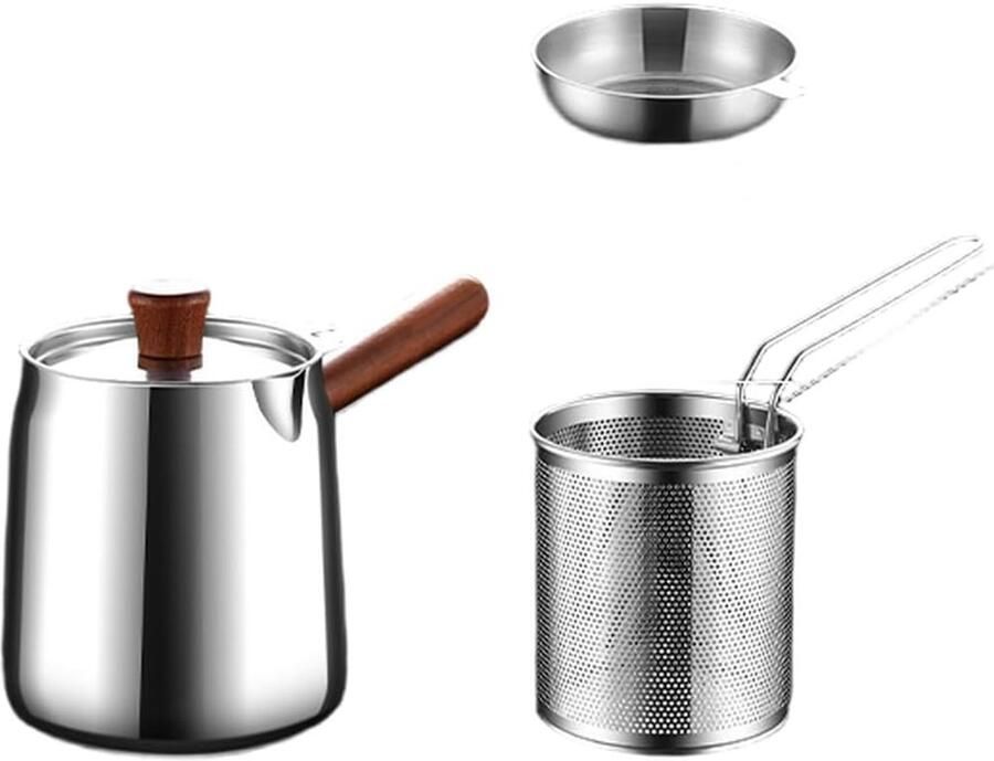 Roestvrijstalen Frituurpan Vet Bewaarder Zeef Frituren Koken Walnoot Handvat 1.5L 2.0L Zilver
