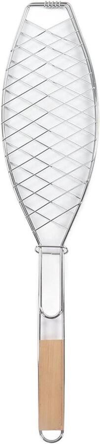 Visgrillmand Grillrek Buiten Koken Met Houten Handvat 65 x 15 cm Zilver