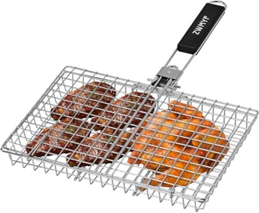 Roestvrijstalen Grillmand voor Draagbare Grill Opvouwbaar Grillrek met Afneembaar Handvat voor Vis Biefstuk en Garnalen