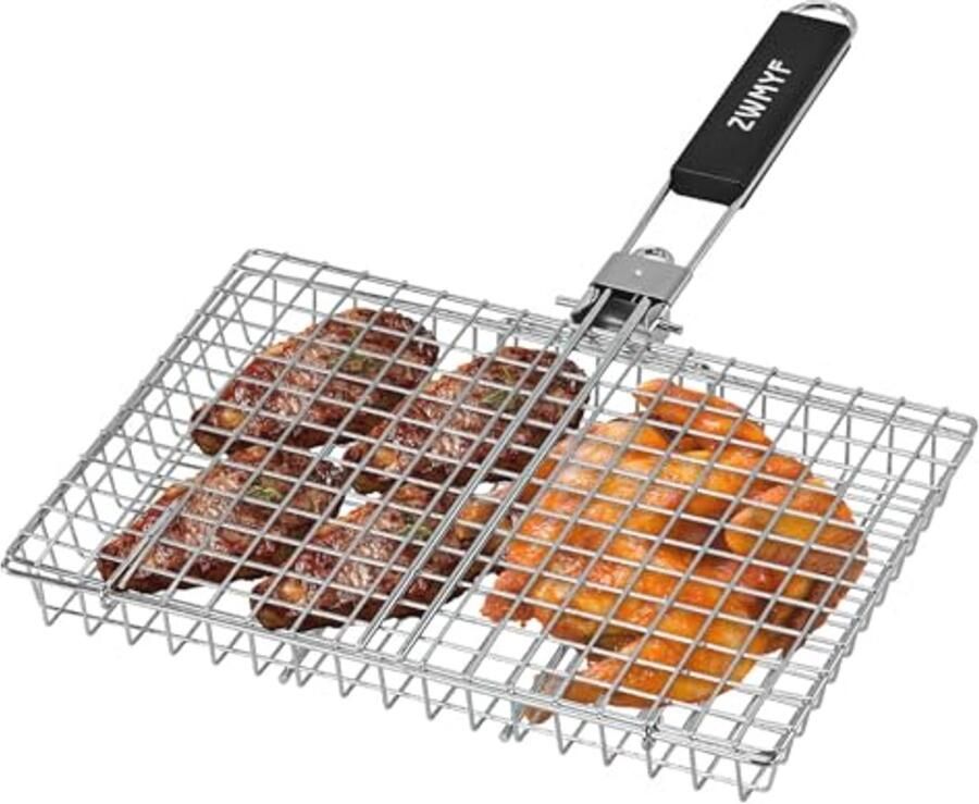 Roestvrijstalen Grillmand voor Draagbare Grill Opvouwbaar Grillrek met Afneembaar Handvat voor Vis Biefstuk en Garnalen
