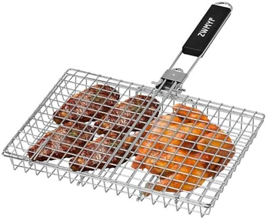 Roestvrijstalen Grillmand voor Draagbare Grill Opvouwbaar Grillrek met Afneembaar Handvat voor Vis Biefstuk en Garnalen