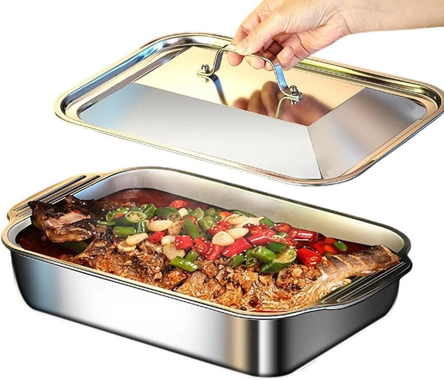 Roestvrijstalen Grillpan Schaal met Deksel Outdoor Koken Vervormbestendig Ontwerp 41 x 24.5 cm Zilver