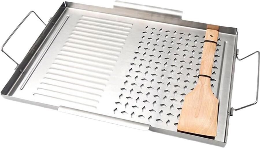 Roestvrijstalen Grillplaat BBQ Bakplaat Buiten Koken Gelijkmatige Warmtegeleiding 43 x 29 cm Zilver