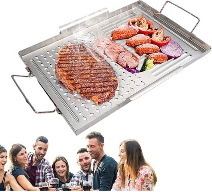 Grillplaat Gietijzer Bakplaat Roestvrijstaal Vlees Grillen Gelijkmatige Warmte 43 x 29 cm Zilverkleurig