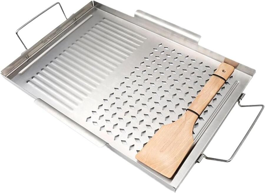 Roestvrijstalen Grillplaat Platte Bakplaat Buiten Koken Hittebestendige Handgrepen 43x29x2cm