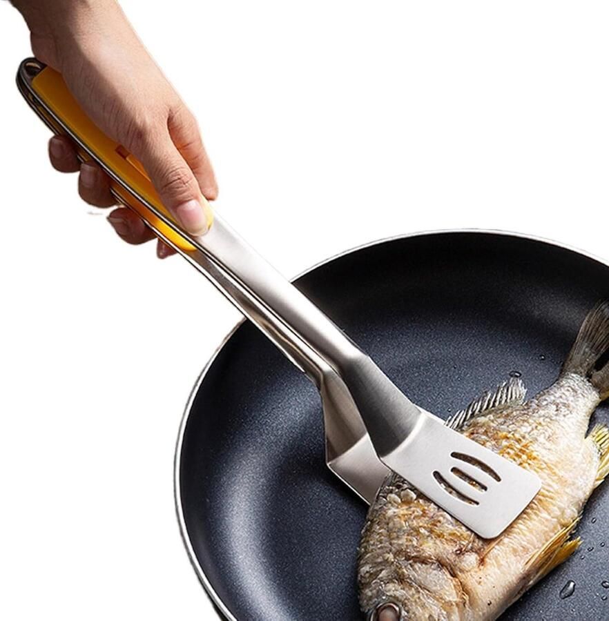 Roestvrijstalen grilltang Keukentang spatel Eten draaien serveren 2-in-1 ontwerp 32.5 cm lang Zilverkleurig