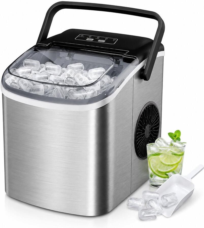 Roestvrijstalen ijsblokjesmachine met handvat 9 ijsblokjes in 6 minuten zelfreiniging 12kg per 24 uur voor thuis keuken kantoor en bar