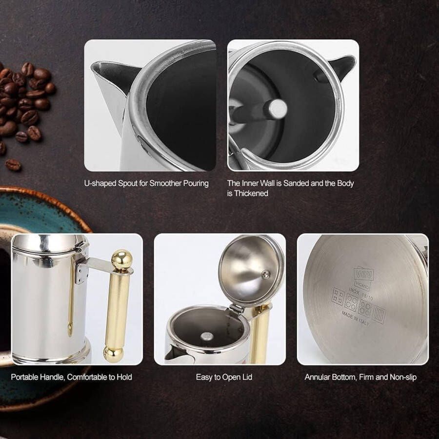 Roestvrijstalen kachel espressomachine mokka voor thuis en kantoor 4 kopjes (50 ml kop) fijnmazig filter ergonomische handgreep - Foto 2