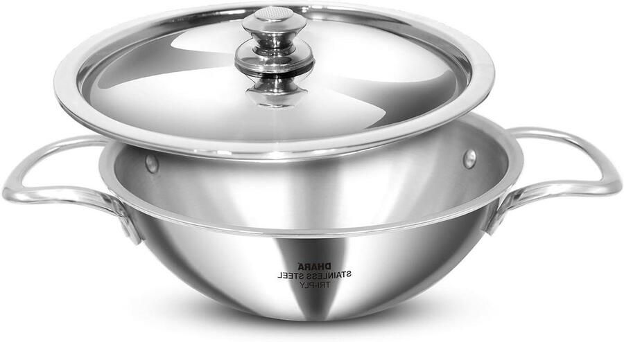Roestvrijstalen Kadhai Drielaagse Pan Gelijkmatig Koken Inductie Geschikt 20 cm Zilver