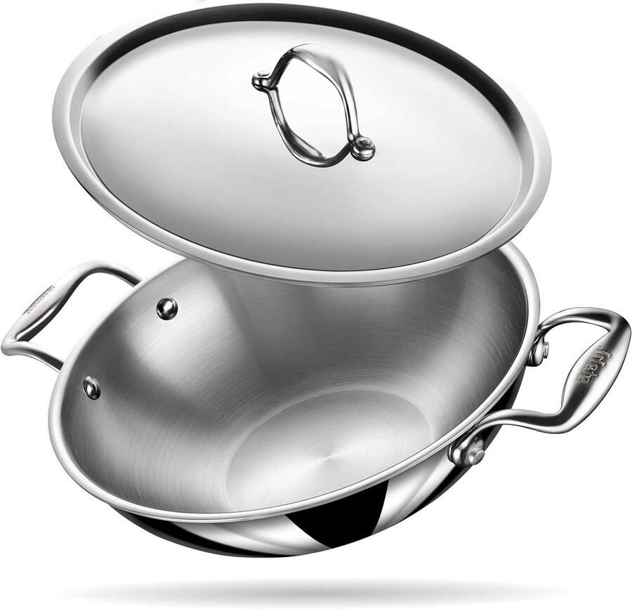 Roestvrijstalen Kadhai Kookpan met deksel Gezond Koken Triply warmteverdeling 16 Liter Zilver