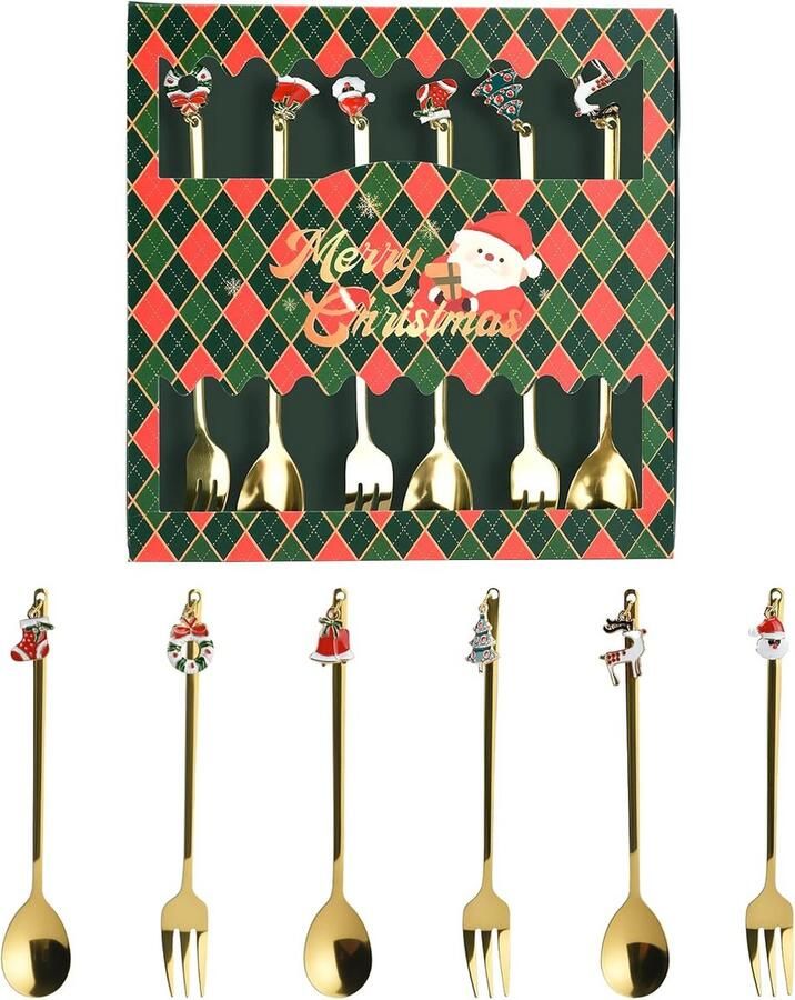 Roestvrijstalen Kerstlepels en Vorken Goud – Set van 6 met Geschenkdoos voor Taart Dessert en Koffie