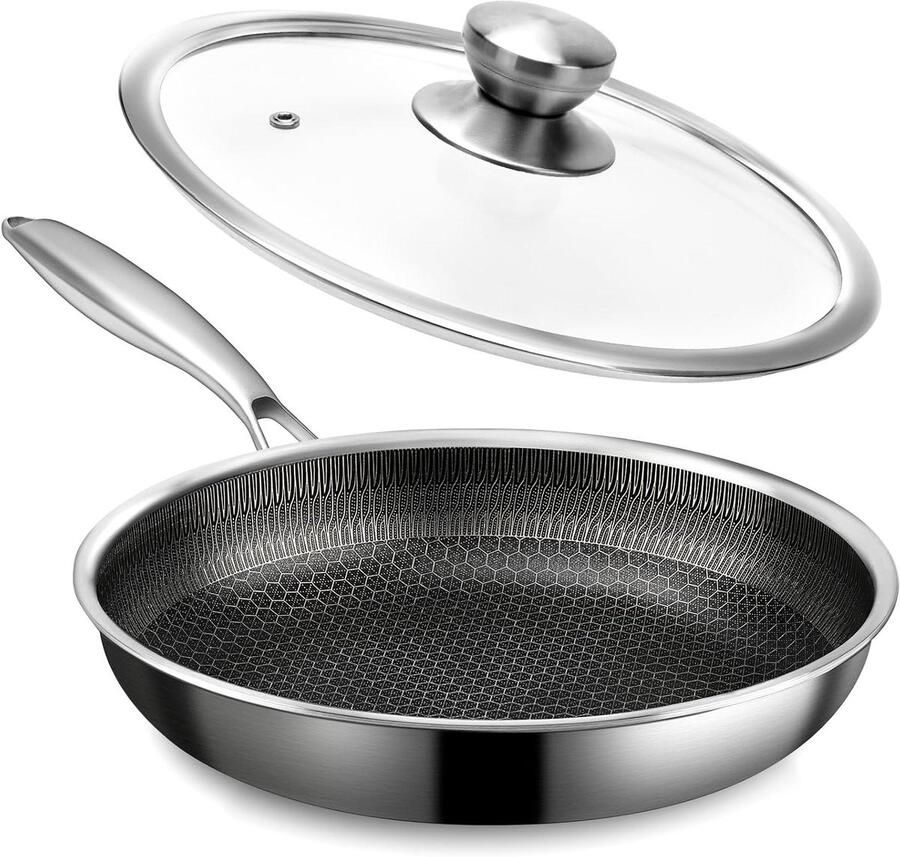 Roestvrijstalen koekenpan Antiaanbakpan met deksel Koken en bakken Honingraat anti-aanbaklaag 255 cm Zilver