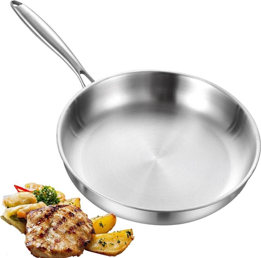 Roestvrijstalen koekenpan Gelijkmatig bakken Tri-ply constructie 28 cm Zilver