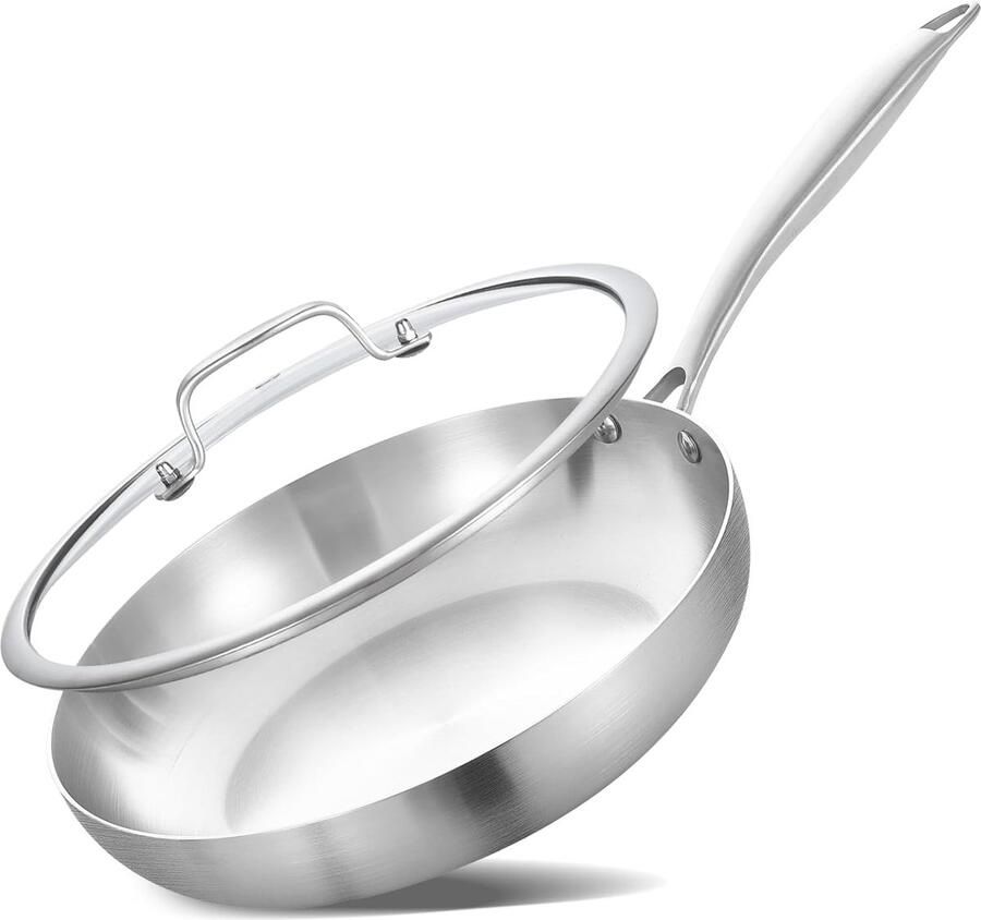 Roestvrijstalen Koekenpan Inductie Pan Snel Bakken Tri-Ply Constructie 25 cm Diameter Zilverkleurig