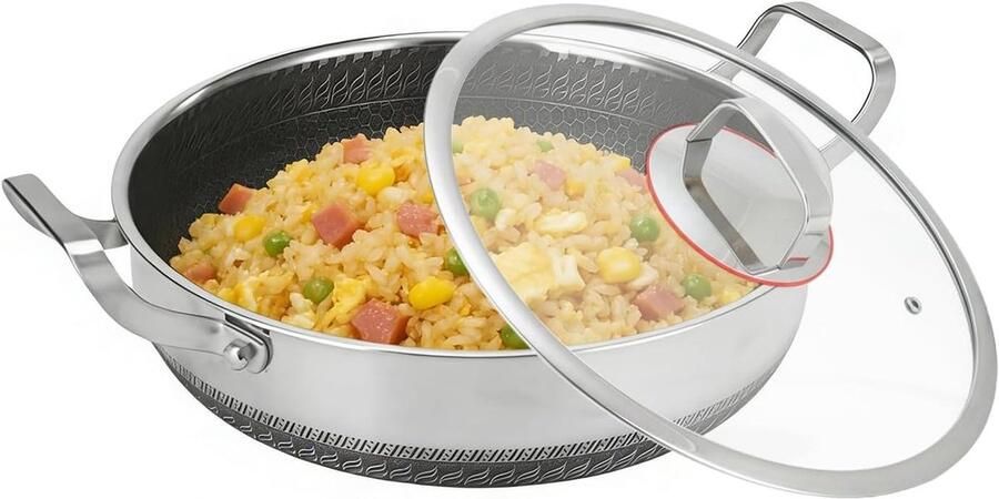 Roestvrijstalen Koekenpan Keuken Pan met Deksel Dagelijks Koken Dubbele Anti-aanbak Handgreep 26-30 cm Zilver